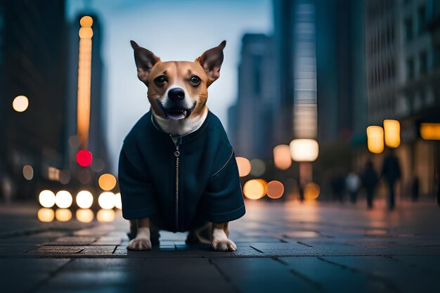 ein Hund, der eine Jacke trägt, auf der „der Name des Hundes“ steht