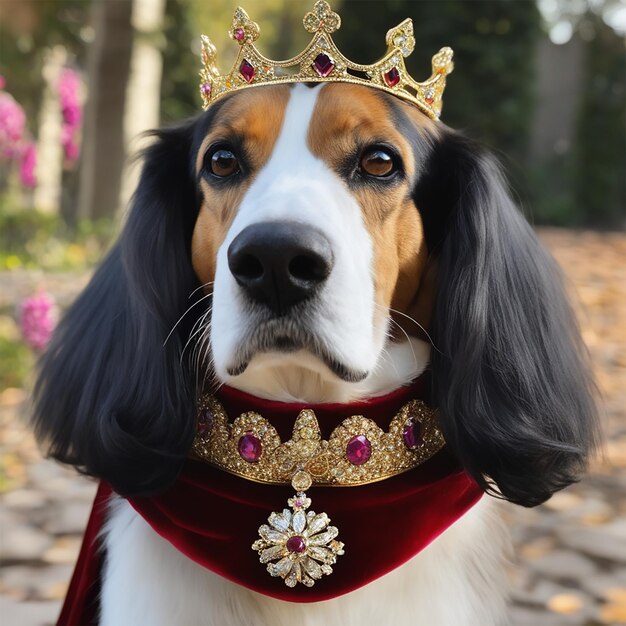 ein Hund, der eine Krone trägt, auf der „der Hund“ steht.