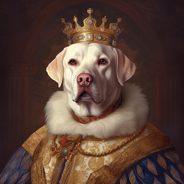 ein Hund, der eine Krone trägt, auf der "der Hund" steht.