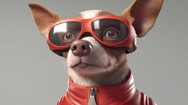 Ein Hund, der eine Lederjacke und eine rote Schutzbrille trägt.