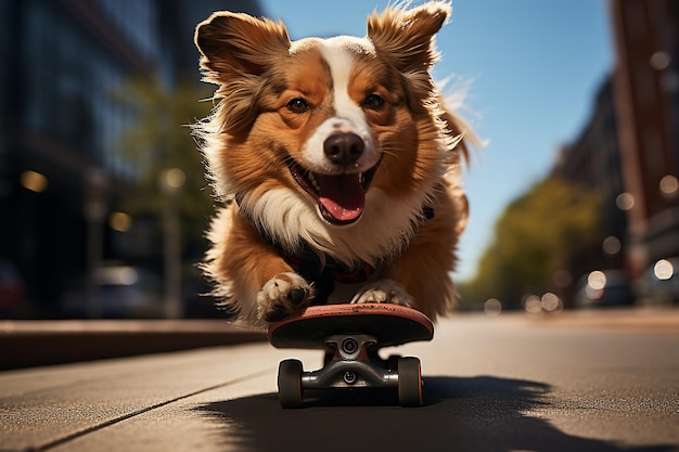 Ein Hund, der eine Sonnenbrille trägt und auf einem Skateboard fährt, wurde von der KI generiert