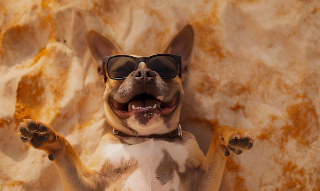 Foto ein hund, der eine sonnenbrille trägt, und ein paar sonnenbrillen tragen sonnenbriller