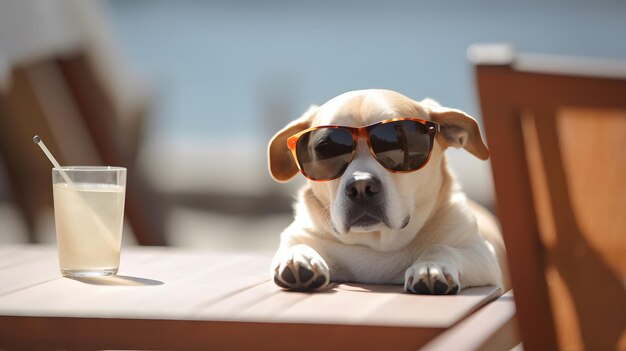 Ein Hund, der eine Sonnenbrille trägt und mit einer Flasche Wein auf einem Tisch liegt.