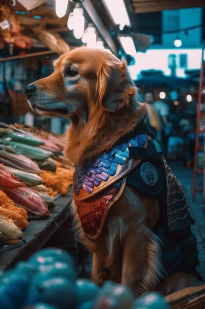 Ein Hund, der eine Weste trägt, auf der „Drache“ steht