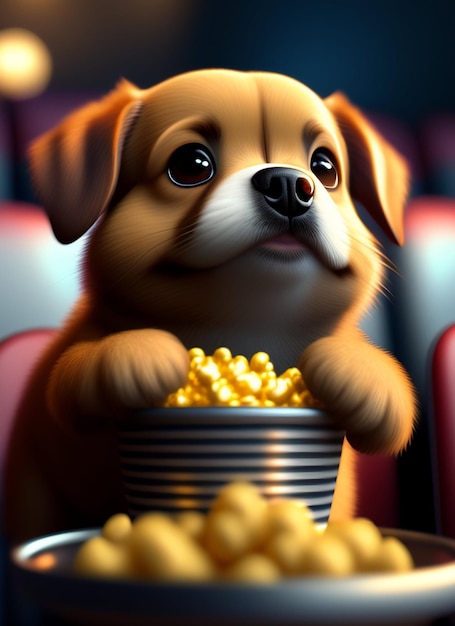 Ein Hund, der einen Film mit Popcorn anschaut