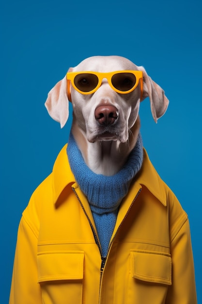 Ein Hund, der einen gelben Mantel und eine Sonnenbrille trägt