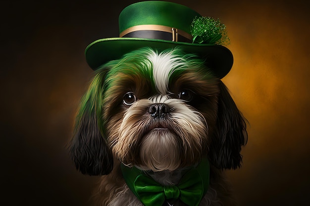 Ein Hund, der einen grünen Hut und einen grünen Koboldhut trägt