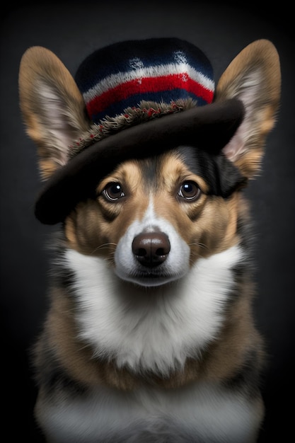 Ein Hund, der einen Hut mit der britischen Flagge darauf trägt.