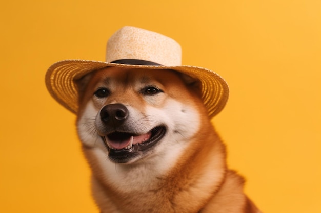 Ein Hund, der einen Hut trägt, auf dem Akita steht