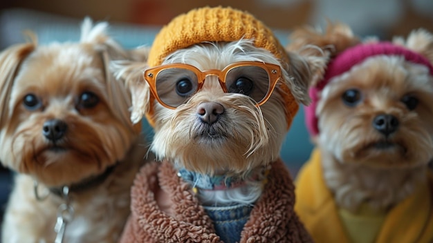 ein Hund, der einen Hut und Brille mit einem Pullover trägt