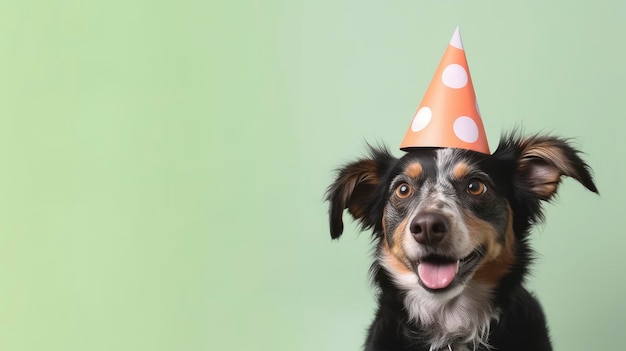 Ein Hund, der einen Partyhut trägt, auf dem „Happy Birthday“ steht