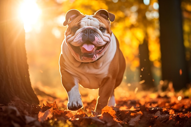 Ein Hund der englischen Bulldoggenrasse auf einem natürlichen Hintergrund Ein Hund auf einem Spaziergang im Park KI generieren