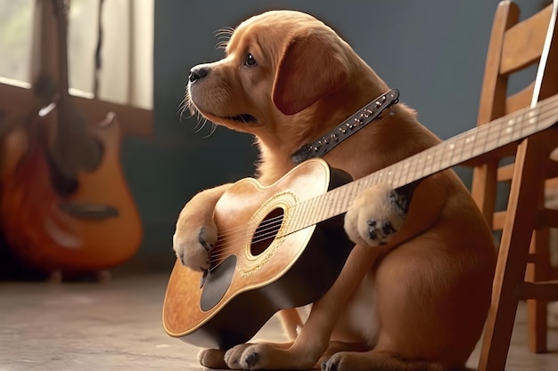 Foto ein hund, der gitarre spielt, spielt gitarre.