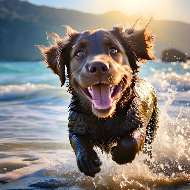 ein Hund, der im Wasser läuft und die Sonne hinter sich hat