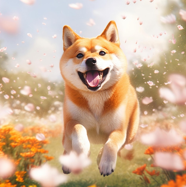 Ein Hund, der in einem Blumenfeld ist
