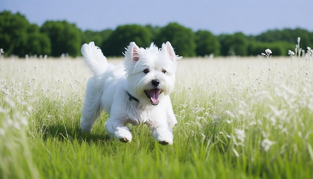 Ein Hund, der in einem Blumenfeld läuft