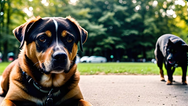 Ein Hund, der in einem Park auf dem Boden liegt