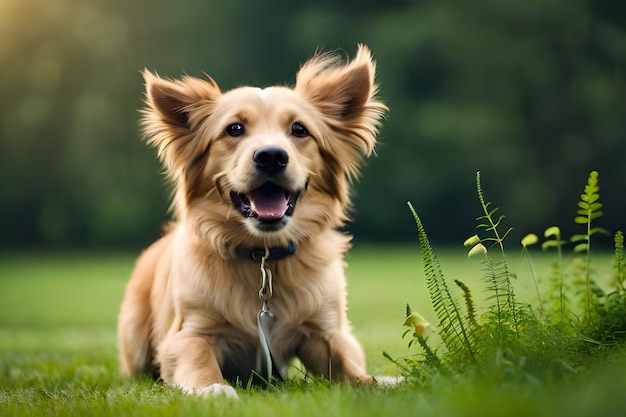 Ein Hund, der mit aufgestellten Ohren im Gras liegt.