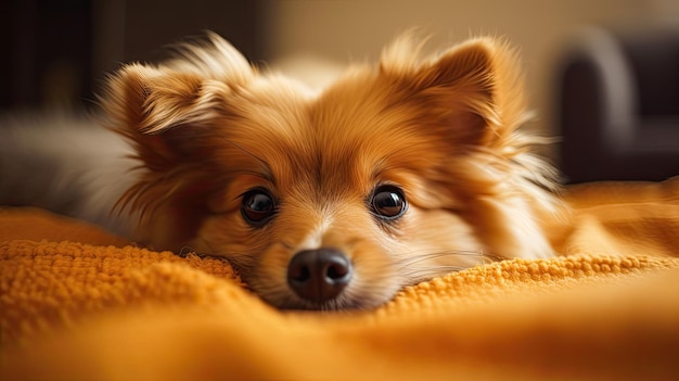 Ein Hund, der mit dem Kopf auf einer gelben Decke auf einem Bett liegt.