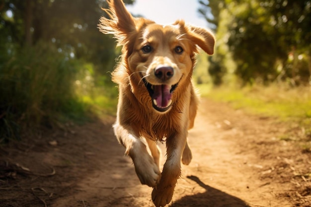 ein Hund, der mit der Zunge heraus auf einer Schotterstraße läuft