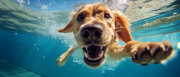 ein Hund, der mit einem Lächeln auf dem Gesicht im Wasser schwimmt