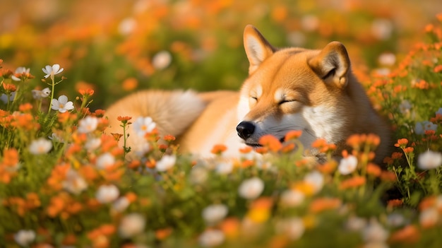 Ein Hund, der mit geschlossenen Augen in einer Blumenwiese schläft.