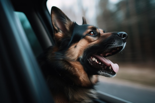 Ein Hund, der mit offenem Maul aus dem Fenster eines Autos schaut.