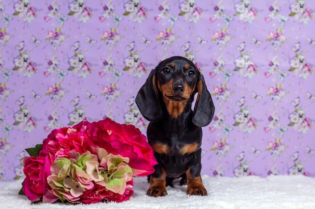 Ein Hund, der neben einer Blume sitzt