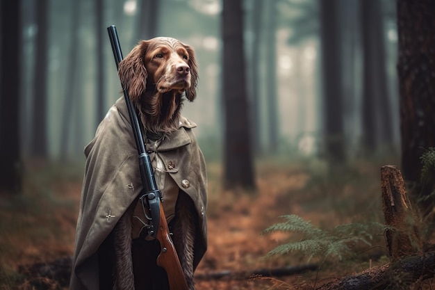 Ein Hund der Rasse KURTSHAAR in der Kleidung eines Jägers mit Gewehr, der im Wald jagt, das Konzept der Jagd mit generativen Hunden