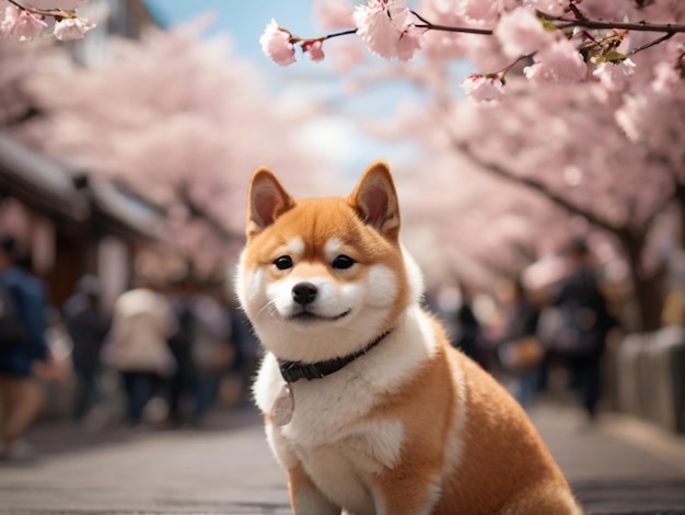 ein Hund, der vor einigen Kirschblüten sitzt