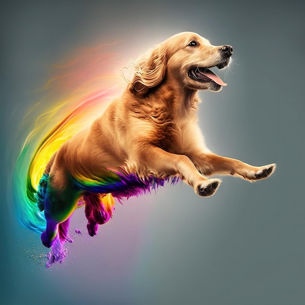 ein hund, der vor glück mit regenbogenfarben springt.