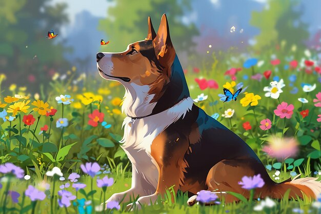 Ein Hund, der zwischen den Blumen sitzt und Schmetterlinge beobachtet