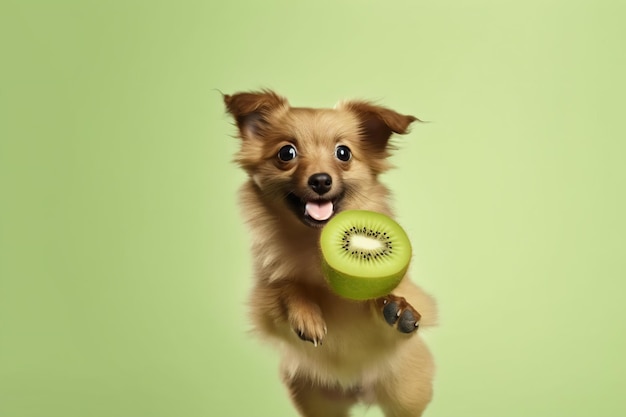 Ein Hund hält eine Kiwi im Maul