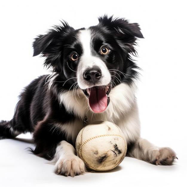 Ein Hund hält einen kleinen Spielzeugball im Maul auf weißem Hintergrund