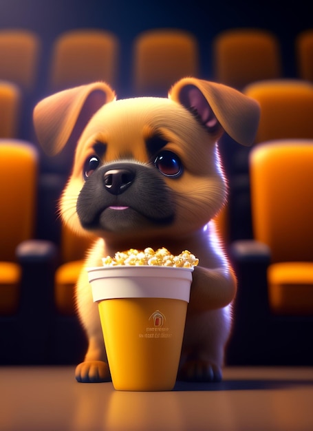 Ein Hund hält Popcorn vor einem Kino.