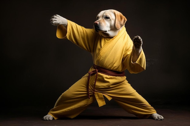 Ein Hund im gelben Kimono steht vor schwarzem Hintergrund.