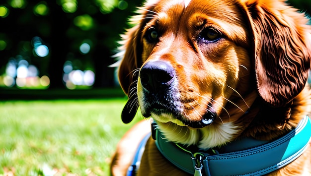 Ein Hund im Gras mit einer blauen Leine