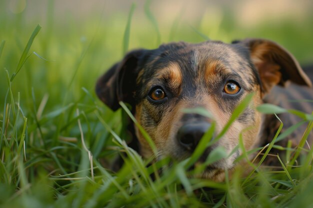 Ein Hund im grünen Gras und Schlamm