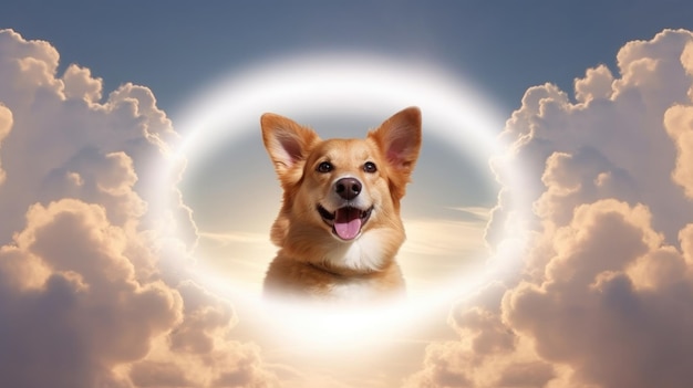 Ein Hund im Himmel in den Wolken im Paradies nach dem Tod glücklich ruhend ewiges Leben der Seele erzeugte Heiligenschein ai