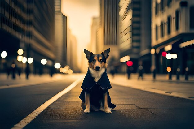 Foto ein hund im mantel steht auf einer straße in der stadt.