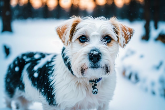 Ein Hund im Schnee mit dem Wort Winter darauf