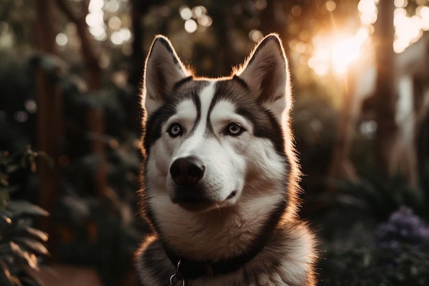 Ein Hund im Wald mit der Sonne dahinter