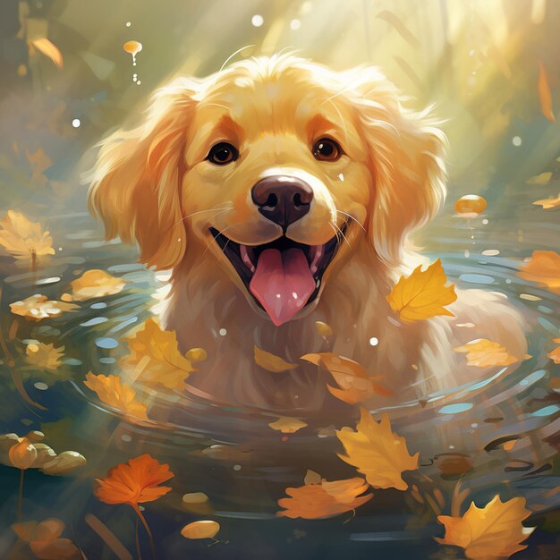ein Hund im Wasser mit Herbstblättern im Hintergrund.
