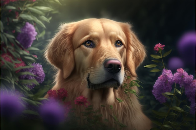 Ein Hund in den Blumen