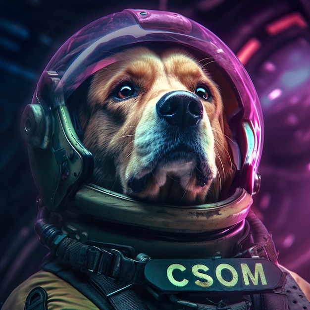 ein Hund in einem Astronautenanzug und Helm schwebt im bunten Weltraumnebel