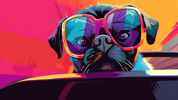 Ein Hund in einem Auto mit Sonnenbrille und Sonnenbrille