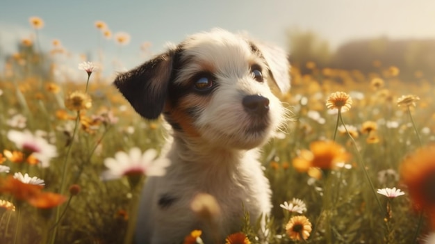 Ein Hund in einem Blumenfeld