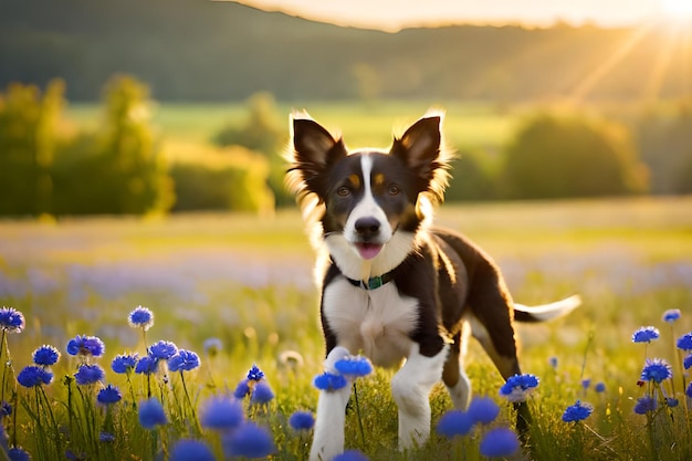 Ein Hund in einem Blumenfeld