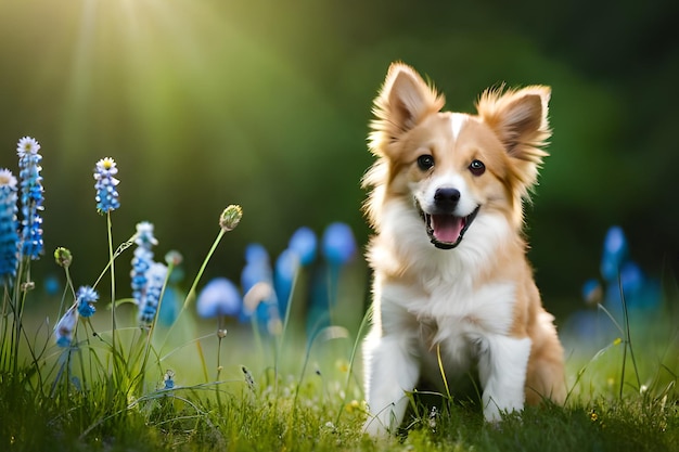 Ein Hund in einem Blumenfeld