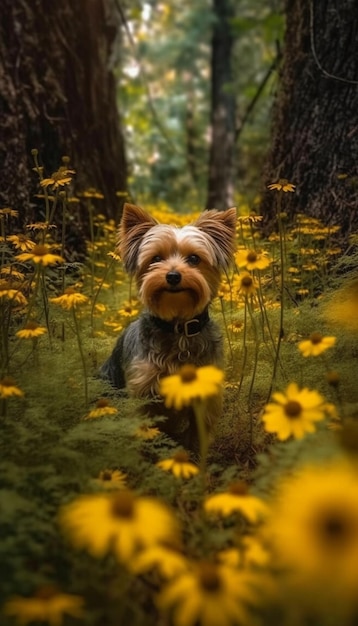 Ein Hund in einem Blumenfeld